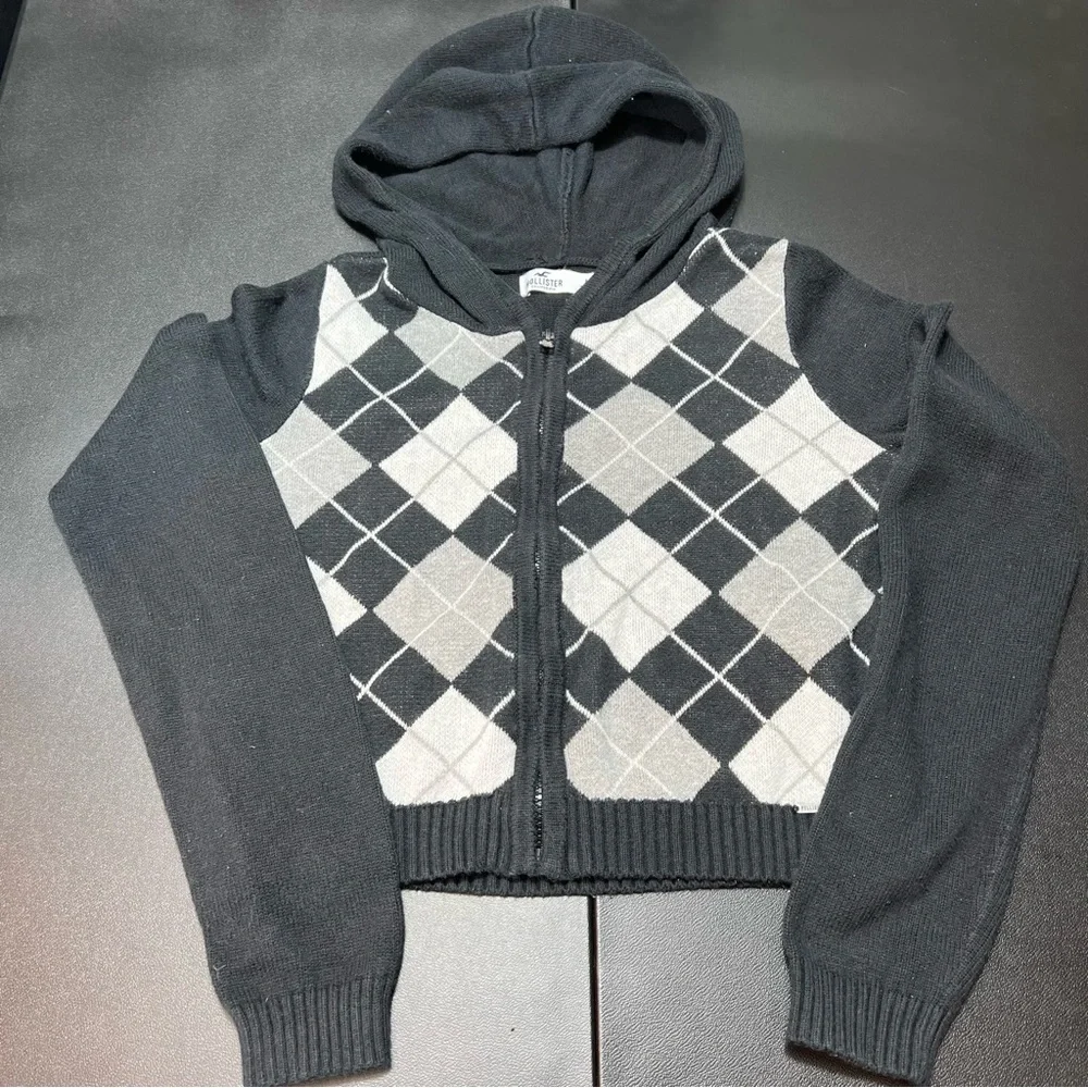 Hollister Full Zip Hooded Argyle Sweater Women’s Sz. Med Black White Silver - Picture 1 of 6